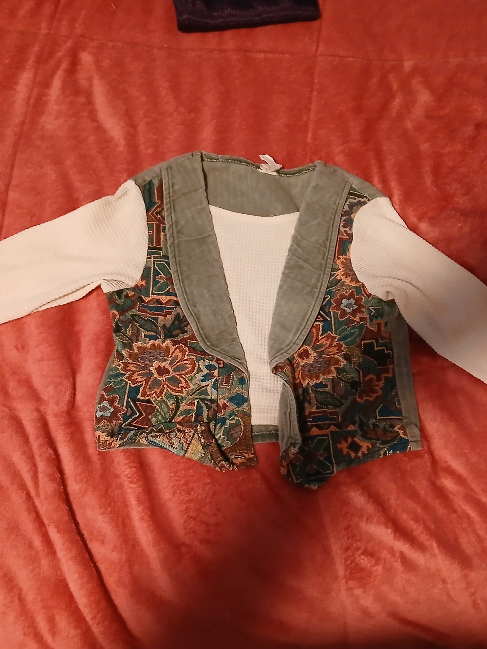 Vintage Boho Floral Tapestry Vest with Olive Trim